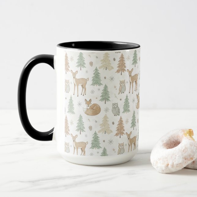Winter Forest Animals Seamless Pattern Mug (With Donut)