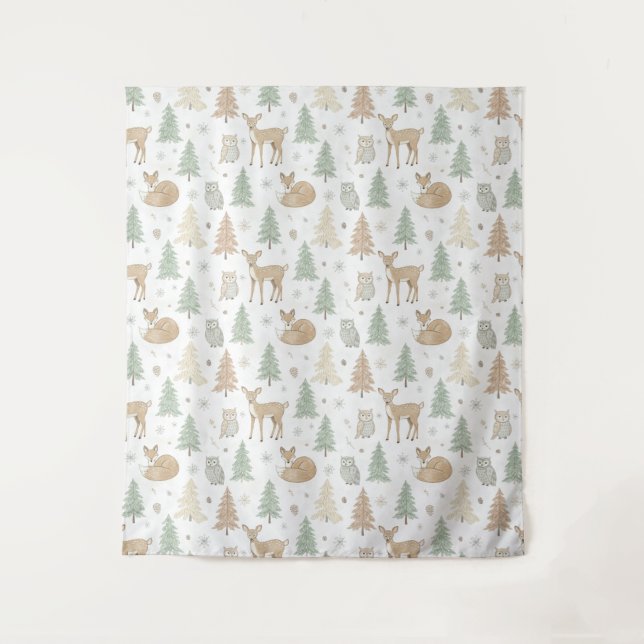 Winter Forest Animals Seamless Pattern Tapestry (Front)