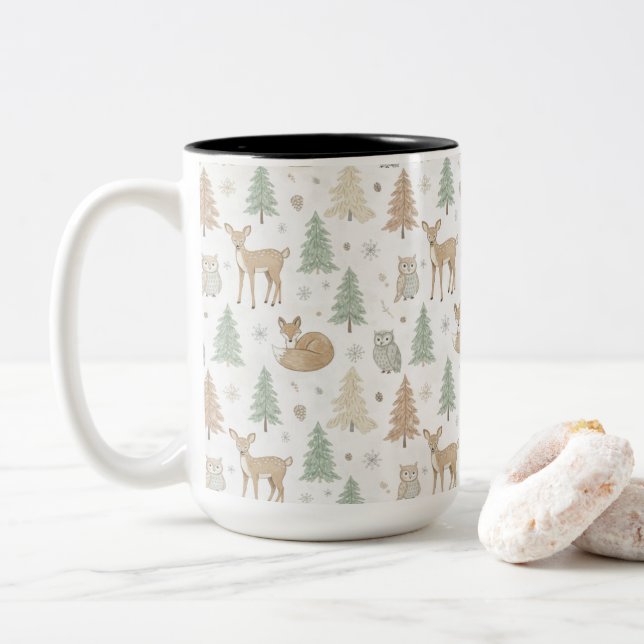 Winter Forest Animals Seamless Pattern Two-Tone Coffee Mug (With Donut)