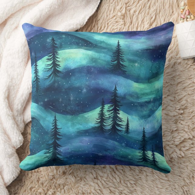 Winter Forest Aurora Pattern Cushion (Blanket)