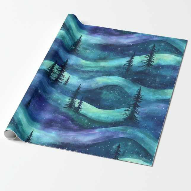 Winter Forest Aurora Pattern Wrapping Paper (Unrolled)
