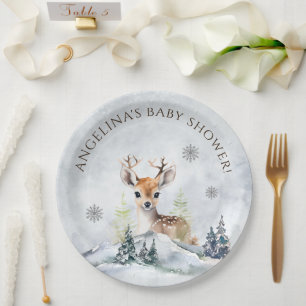 Winter Forest Baby Deer Baby Shower Paper Plate