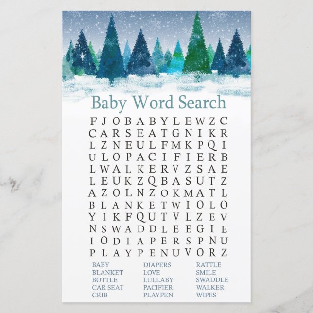 winter forest Baby Shower Word Search Game (Front)
