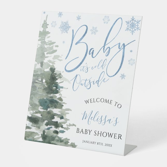 Winter Forest Blue Baby Shower Welcome Pedestal Sign (Front)
