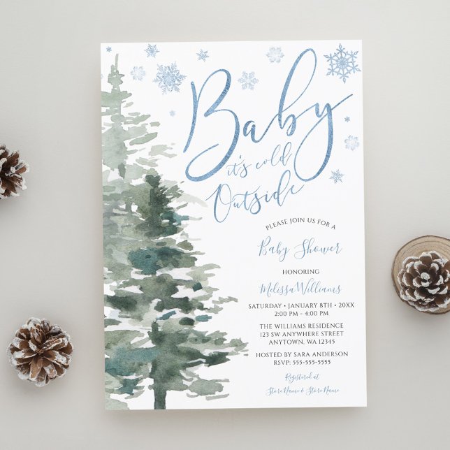 Winter Forest Blue It's Cold Outside Baby Shower Invitation (Creator Uploaded)