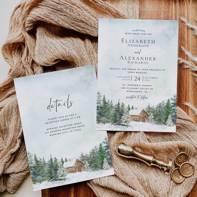 Winter Forest Cabin Pine Trees Wedding Details Invitation (Creator Uploaded)