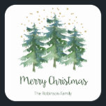 Winter Forest Christmas Square Sticker<br><div class="desc">These stunning watercolor gift tag stickers that say, "Merry Christmas" and have multi-hued pine trees and gold glitter stars and confetti with your family name on them are perfect for wrapping gifts for family and friends. Everyone will love the beautiful forest design. Get enough to wrap all your gifts this...</div>