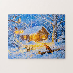 Winter Forest Cottage with Woodland Animals Jigsaw Puzzle