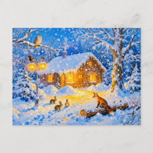 Winter Forest Cottage with Woodland Animals Postcard