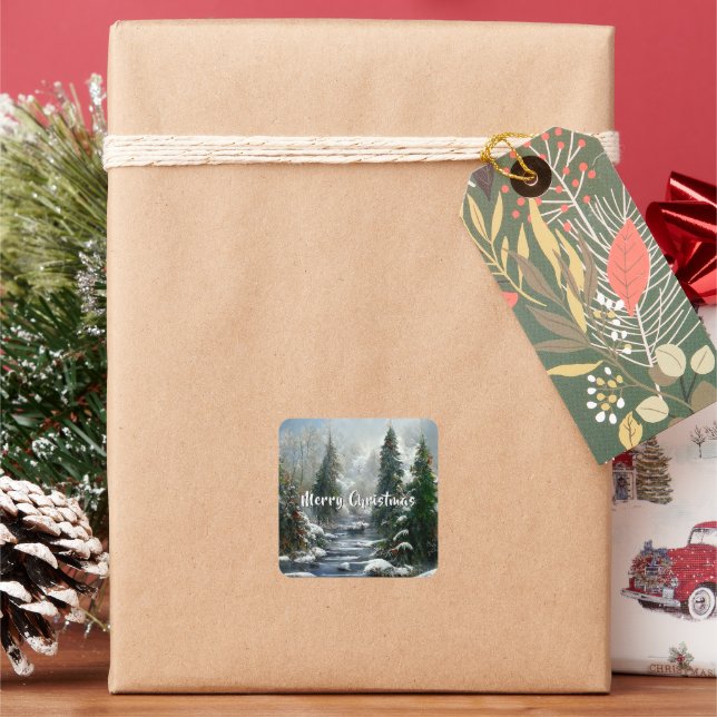 Winter Forest Country River Christmas  Square Sticker (Holiday)