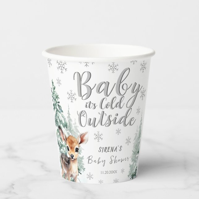 Winter Forest Cute Fawn  Baby Shower Paper Cup (Front)