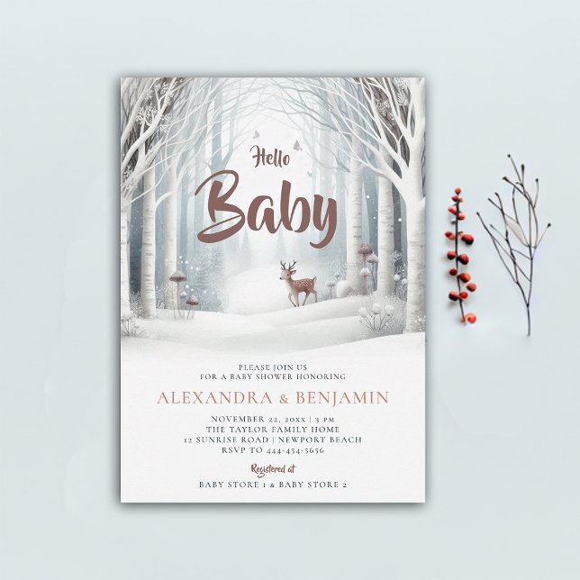 Winter Forest Deer Coed Gender Neutral Baby Shower Invitation (winter baby shower invitation neutral white wonderland enchanted forest woodland deer cute coed chic)
