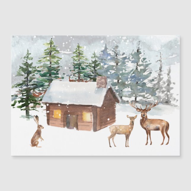 Winter forest, deer, log cabin, hare Magnetic Card (Front)