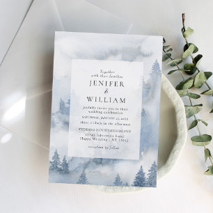 Winter Forest Dusty Blue Watercolor Wedding Invitation