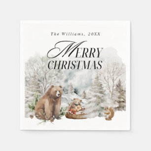 Winter Forest Elegant Watercolor Merry Christmas Napkin