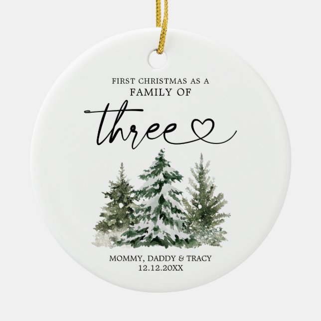 Winter Forest First Christmas As A Family Of Three Ceramic Ornament (Front)