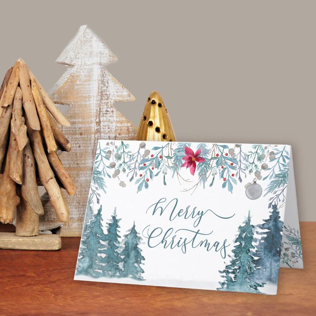 Winter Forest Foliage Elegant Script Holiday Card (Merry Christmas Card. Buy professionally printed or as a printable digital download.)