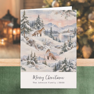 Winter Forest Fox Cosy Watercolor Snowy Landscape Card