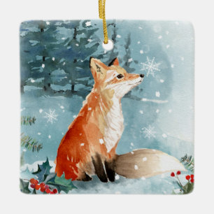 Winter forest, fox, log cabin Ceramic Ornament