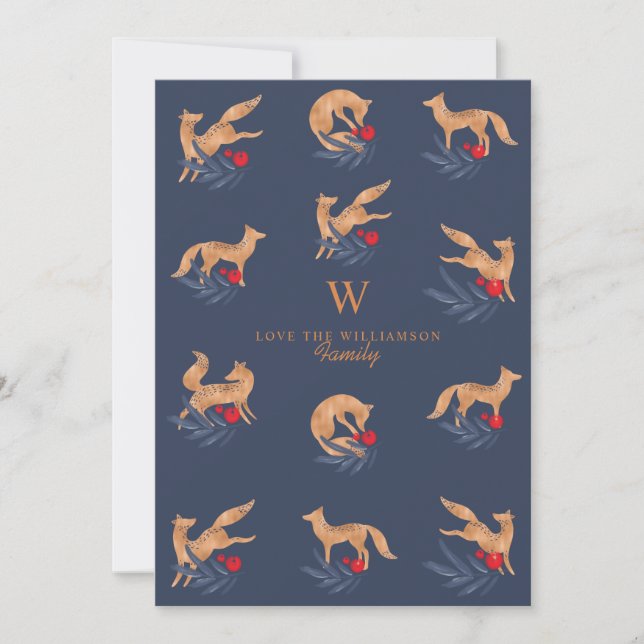 Winter Forest Foxes & Festive Foliage Monogram Holiday Card (Front)