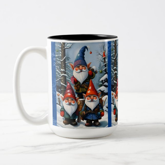 Winter Forest Gnomes Two-Tone Coffee Mug (Left)