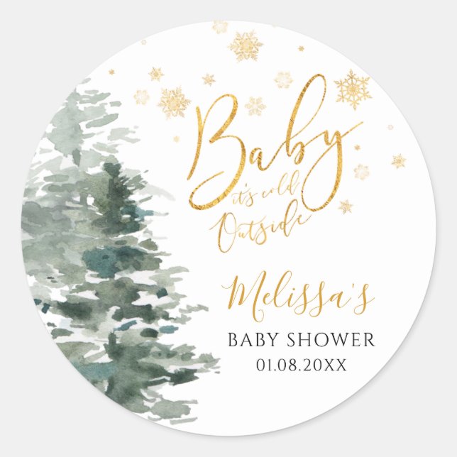 Winter Forest Gold It's Cold Outside Baby Shower Classic Round Sticker (Front)