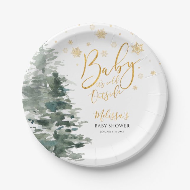 Winter Forest Gold It's Cold Outside Baby Shower Paper Plate (Front)