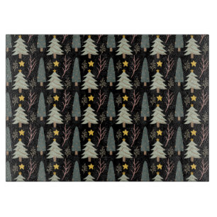 Winter Forest Green Trees Christmas Pattern Black Cutting Board