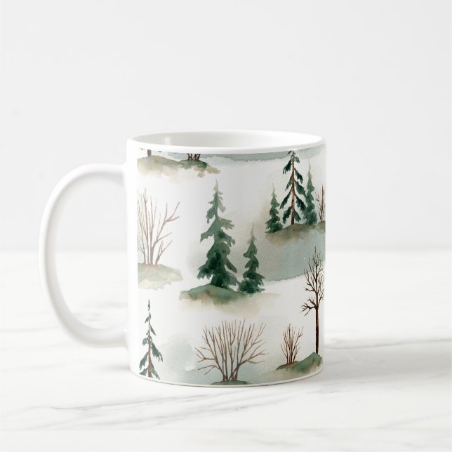 Winter Forest: Hand-Drawn Green Blur Coffee Mug (Left)