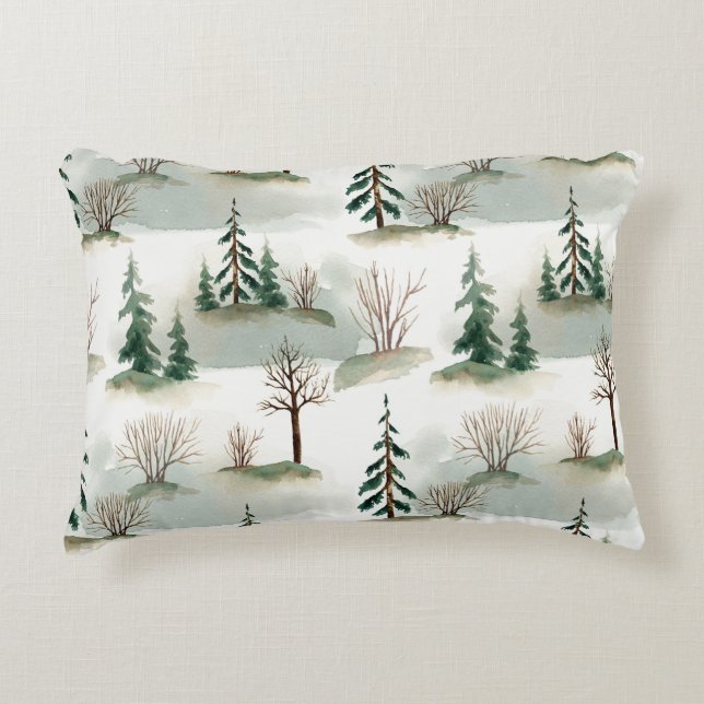 Winter Forest: Hand-Drawn Green Blur Decorative Cushion (Front)