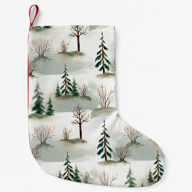 Winter Forest: Hand-Drawn Green Blur Small Christmas Stocking (Front)