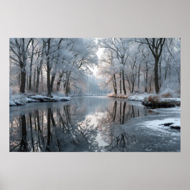 Winter forest landscape with a calm river poster (Front)