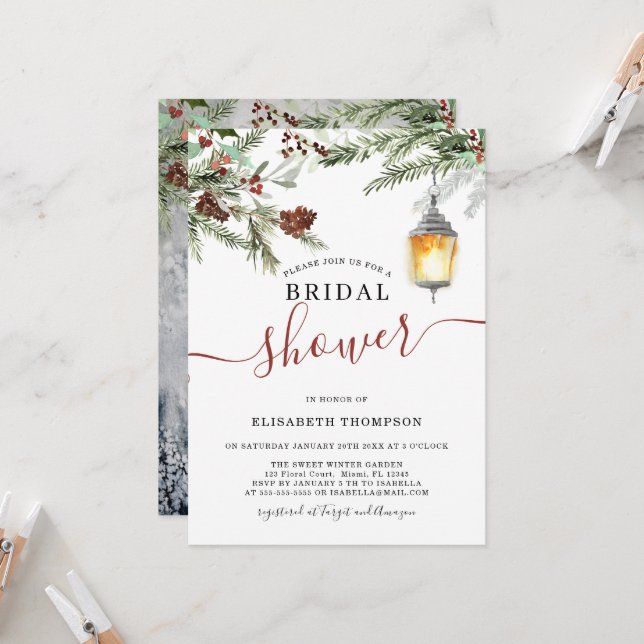 Winter Forest Lantern Bridal Shower Invitation (Front/Back In Situ)