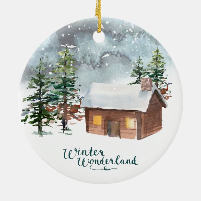 Winter forest, log cabin, antlers Ceramic Ornament (Back)