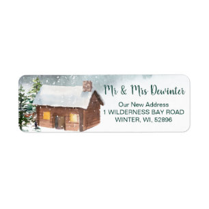 Winter forest, log cabin return address label