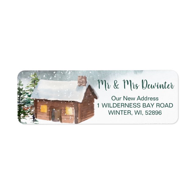 Winter forest, log cabin return address label (Front)