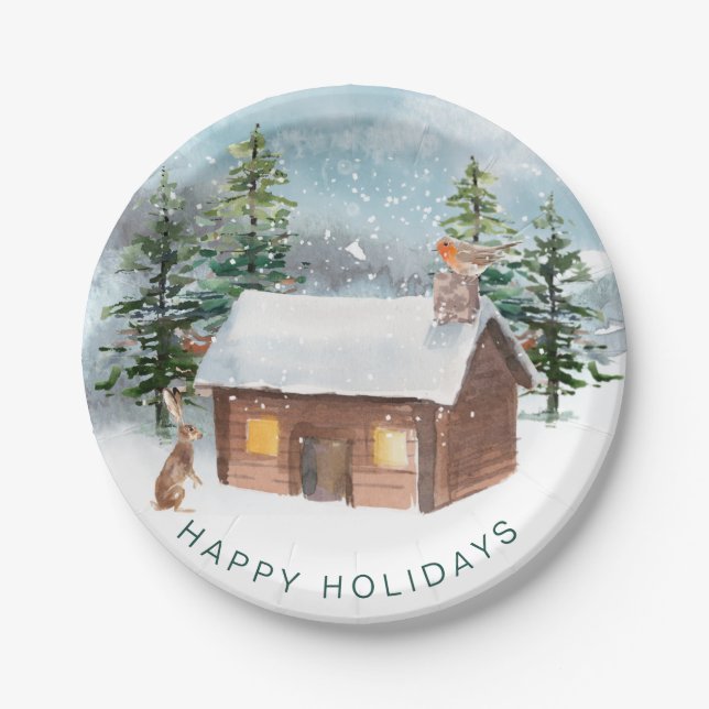 Winter forest, log cabin, robin paper plate (Front)