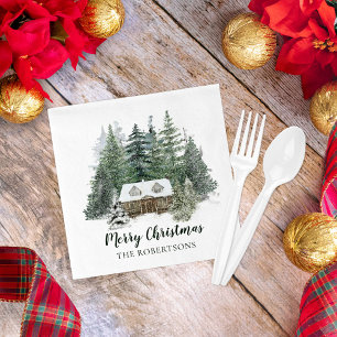Winter Forest Merry Christmas Rustic Cabin Napkin