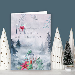Winter Forest Misty Watercolor Candlelit Lantern Holiday Card