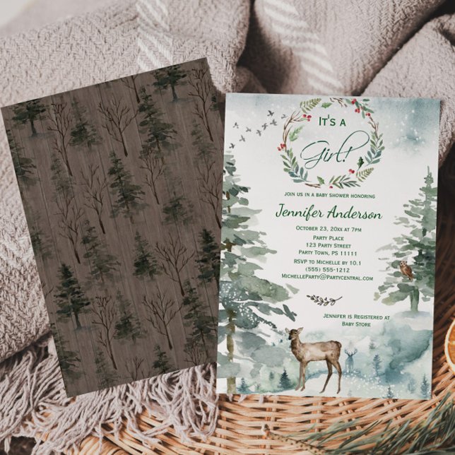 Winter Forest Mountain Deer Owl Baby Girl Shower Invitation (Creator Uploaded)