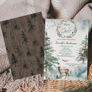 Winter Forest Mountain Deer Owl Baby Girl Shower Invitation