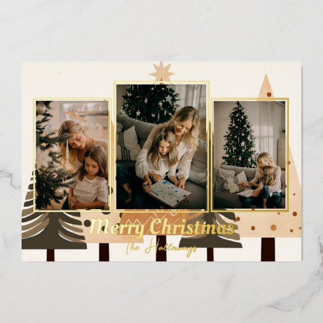 Winter Forest Neutral 3 Photo Foil Holiday Card (Front)