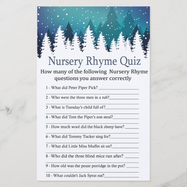 Winter Forest Nursery Rhyme Quiz baby shower game (Front)