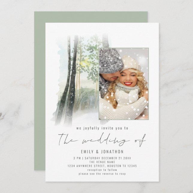 Winter Forest Photo QR Code Sage Wedding Invitation (Front/Back)