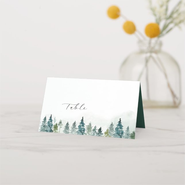 Winter Forest Pine Trees | Hand Writing Place Card (Front)