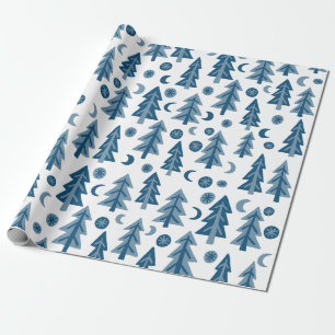 Winter Forest Pine Trees Moon Stars Holiday Gift Wrapping Paper