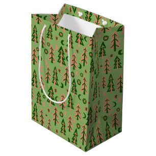 Winter Forest Pine Trees Moon Stars Pattern Green Medium Gift Bag