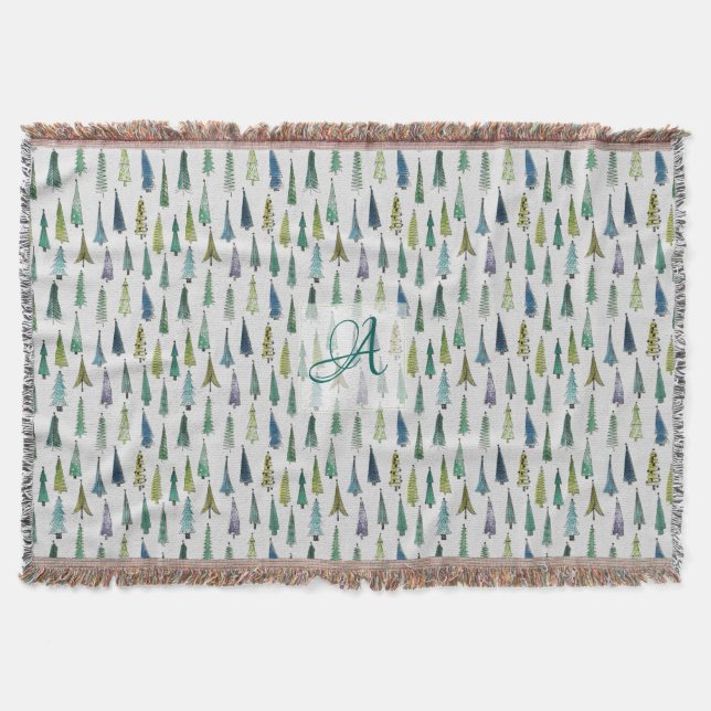 Winter Forest Pine Trees Pattern Monogrammed Decor Throw Blanket (Front)