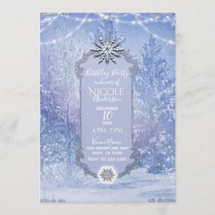 Winter Forest Pine Trees Snowflakes Birthday Party Invitation