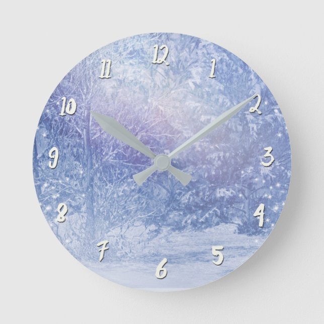 Winter Forest Pine Trees Snowflakes Snowy Woods Round Clock (Front)